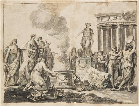 Antonio Zucchi (attr.) "Sacrificio" disegno su carta a penna e inchiostro...