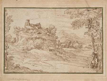 Scuola Bolognese, inizio secolo XVIII "Paesaggio fluviale" disegno su carta a...