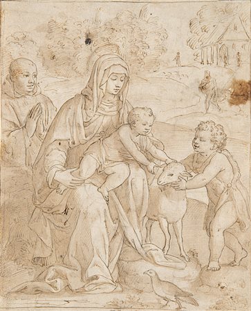 Da Bernardino Luini "Sacra Famiglia" penna inchiostro bruno, acquarellato in...