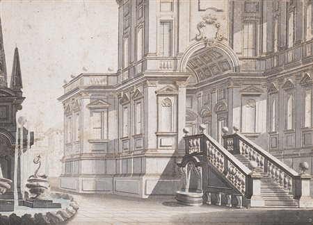 Scenografo della fine del secolo XVIII "Cortile di palazzo con scalone e...