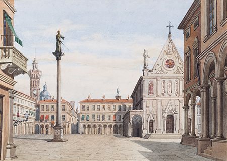 Carlo Ferrario (Milano 1833 - 1907)(attr.) "Scenografia: Piazza di città con...