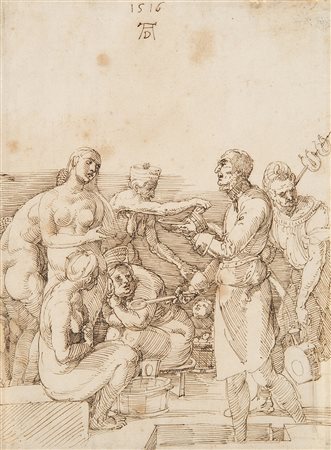 Copia da Durer "Donne al bagno" penna e inchiostro bruno su carta con...