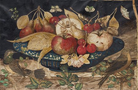 Maestro del secolo XVII "Alzata con frutta, foglie e volatili" tempera e...