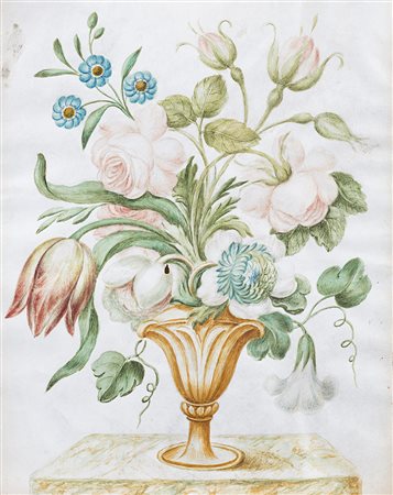 Maestro del secolo XVIII "Vaso fiorito" tempera su pergamena (cm 22x17) In...