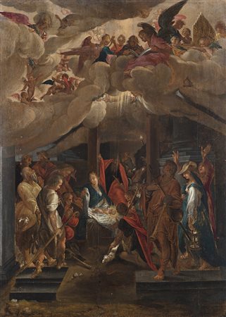 Scuola francese del secolo XVII Adorazione dei Pastori olio su tavola(cm...