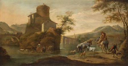Cerchia di Nicolaes Berchem Paesaggio fluviale con pastori e armentiolio su...