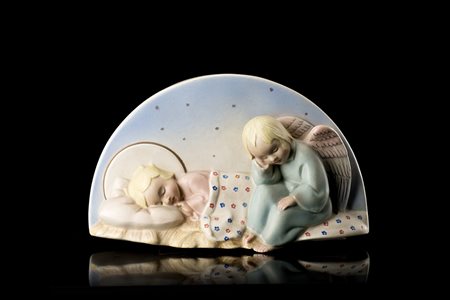 Lenci "Targhetta a lunetta - bambino con angelo" Ceramica formata a colaggio...