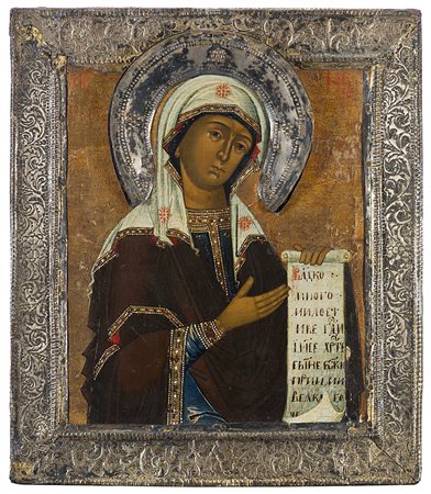 Icona raffigurante Madonna con cornice e aureola in argento. Marchi di...