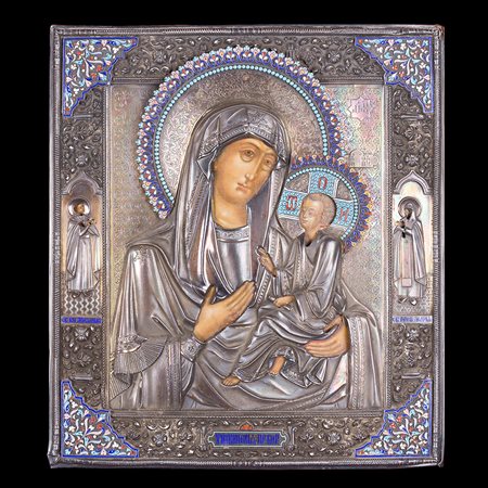 Icona raffigurante Madonna di Tikhvinskaya con riza in argento e smalti...