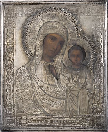 Icona raffigurante Madonna di Kazan con riza in argento dorato. Russia, 1893...