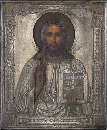 Icona raffigurante Cristo benedicente con riza in argento dorato. Russia,...