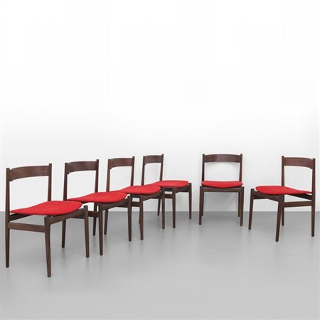 GIANFRANCO FRATTINI Sei sedie '101' per CASSINA, 1959. Legno di noce, sedili...