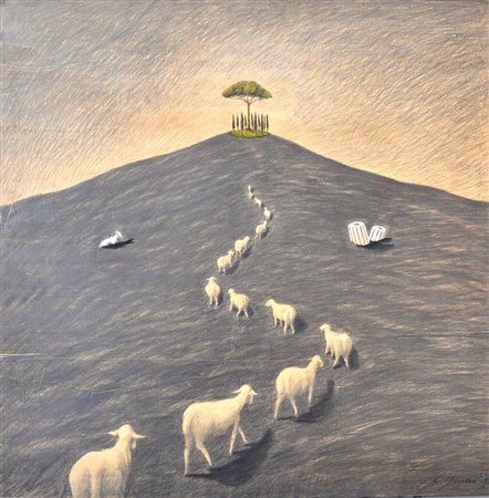 LORENZO LAZZERI, Viaggio misterioso, 1998, Grafite e olio su tavola, cm....