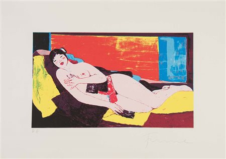 Salvatore Fiume (1915 – 1997), “Nudo disteso”. Litografia a colori su carta,...