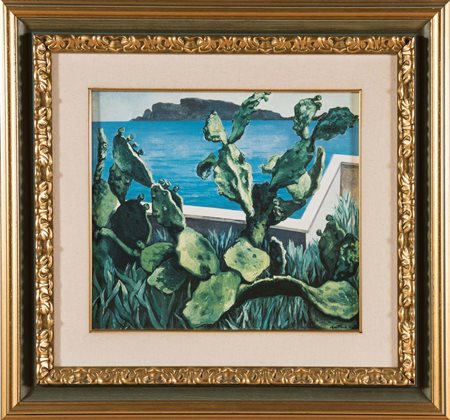 Renato Guttuso (1911 - 1987), “Cactus e Golfo”. Formella in ceramica, firmata...