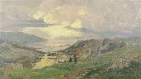 Giuseppe Gheduzzi 1889-1957 "Tramonto nella valle cm. 40x70 - olio su cartone...