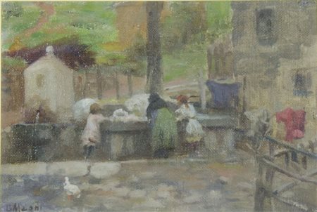 Giuseppe Magni 1869-1956 "Lavandaie" cm. 14x21 - olio Firmato b. a s.