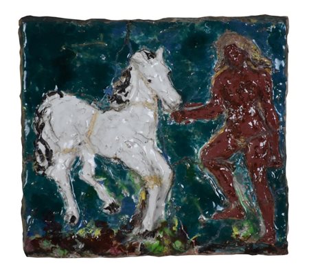 Ignoto, Donna con cavallo ceramica smaltata, cm 27x30 sul fronte: firma