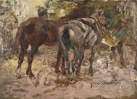 Riccardo Galli (Milano 1869 - Barzio 1944)"Cavalli" olio su tavoletta (cm...