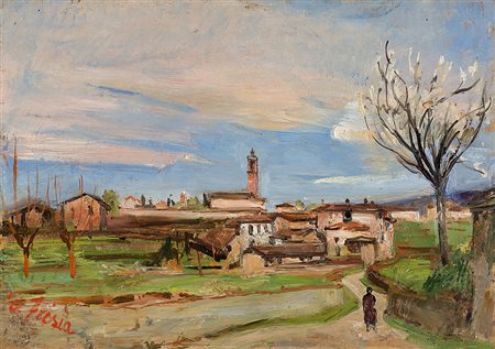 Donato Frisia (Merate 1883 - 1953)"Strada verso casa"olio su compensato (cm...
