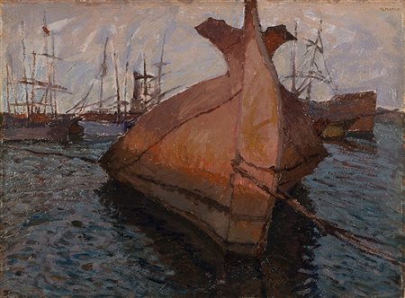 Giovanni March (Tunisi 1894 - Livorno 1974)"Barcone in porto"olio su cartone...