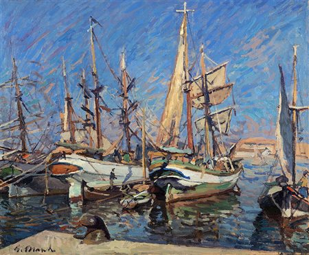 Giovanni March (Tunisi 1894 - Livorno 1974)"Velieri nel porto di Livorno"olio...
