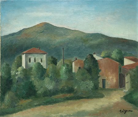 Achille Lega (Brisighella 1899 - Firenze 1934)"Paesaggiocon case e collina...