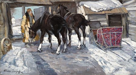 Alessio Issupoff (Vjatka 1889 - Roma 1957)"Slitta con cavalli"olio su...