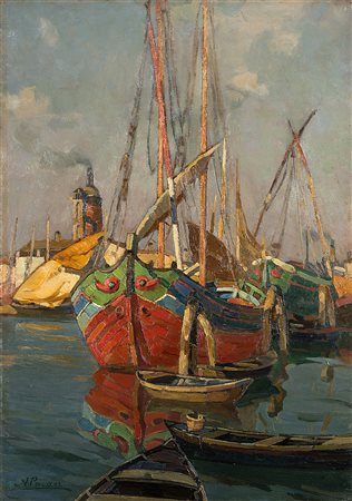 Angelo Pavan (Vicenza 1893 - Venezia 1945)"Barconi in porto"olio su...