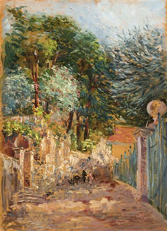 Enrico Lionne (Napoli 1865 - 1921)"Paesaggio con alberi sullo sfondo"olio su...