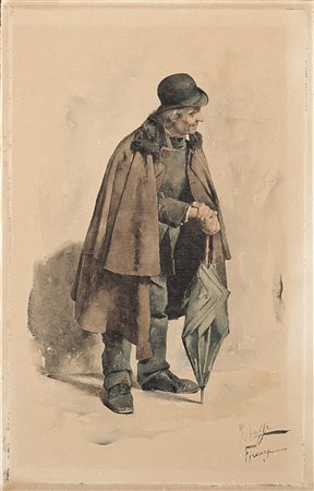 Tito Lessi (Firenze 1858 - 1917)"Vecchio con ombrello" acquerello su carta...