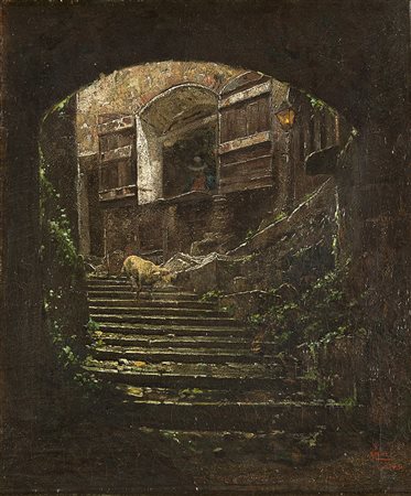 Mario De Maria (Bologna 1852 - 1924)"Una strada a Subiaco" olio su tela (cm...