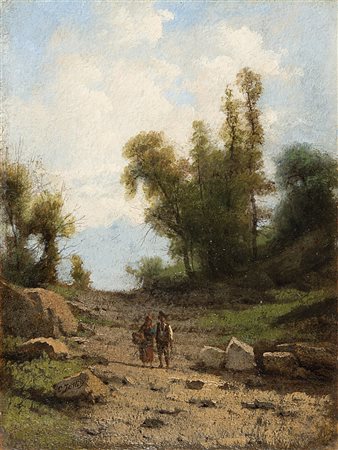 Carlo Jotti (Milano 1826 - 1905)"Paesaggio con figure"olio su cartone (cm...