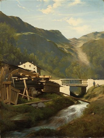 Scuola del XIX Secolo"Paesaggio con baita e ponte sullo sfondo"olio su tela...