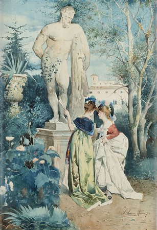 Scipione Simoni (Roma 1853 - 1918)"Figure nel parco" '78acquerello su carta...