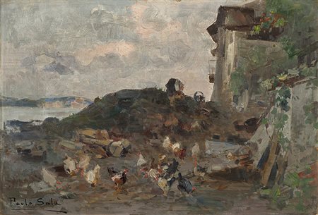 Paolo Sala (Milano 1859 - 1924)"Paesaggio con galline e veduta lacustre sullo...