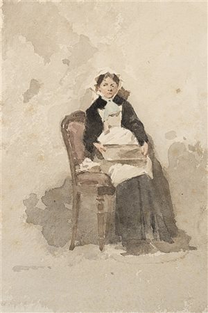 Filippo Carcano (Milano 1840 - 1914)(Attribuito)"Donna seduta"acquerello su...
