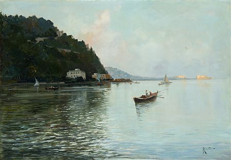 Oscar Ricciardi (Napoli 1864 - 1935)"Marina con pescatori" olio su tela (cm...