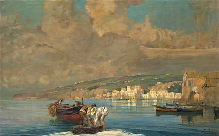 Ezechiele Guardascione (Pozzuoli 1875 - 1948)"Marina con pescatori"olio su...