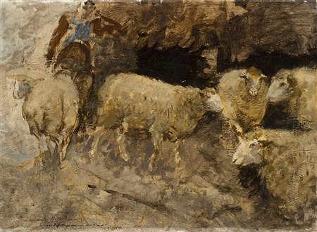 Mosè Bianchi (Monza 1840 - 1904)"Pecore" 15 giugno 1898olio su cartone (cm...