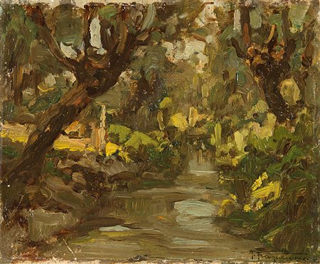 Pietro Fragiacomo (Trieste 1856 - Venezia 1922)"Scorcio con alberi e...