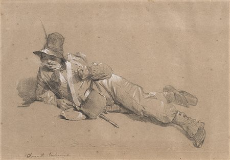 Domenico Induno (Milano 1815 - 1878)"Soldato a riposo" disegno a carboncino e...