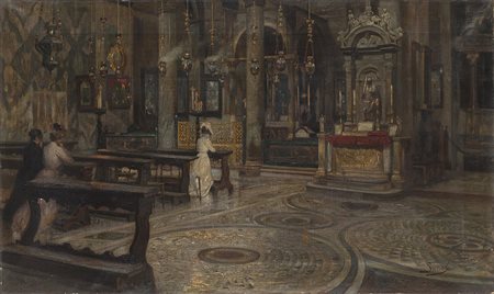 Luigi Sorio (Verona 1838 - Milano 1909)"Interno di chiesa con figure in...