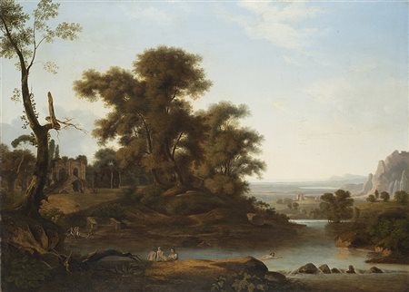 Ambrogio Nava (Milano 1791 - 1862)"Paesaggio con corso d'acqua, ruderi e...
