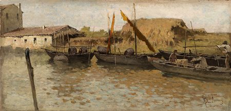 Achille Formis Befani (Napoli 1832 - Milano 1906)"Barche sul canale"olio su...