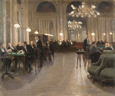 Amerino Cagnoni (Milano 1855 - 1923)"Sala da gioco"olio su cartone (cm...