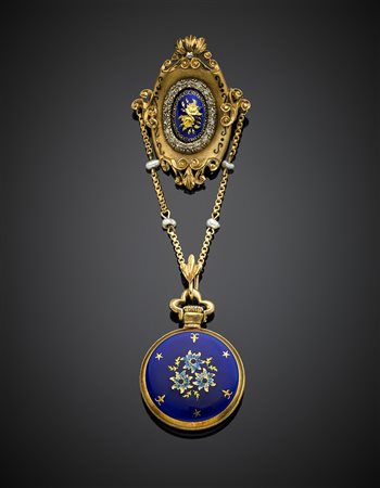 MEDIATORBroche con orologio a pendente in oro giallo e smalti, rifinito con...