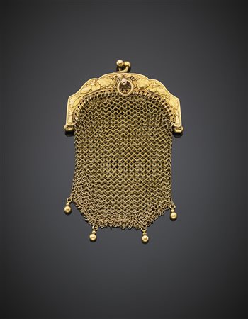 Mini-bag come pendente, in oro giallo con maglia a rete g 33,17, lungh. cm 8,...