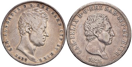 SAVOIA. Due monete da 5 lire, una di Carlo Felice 1826 Torino/L, l'altra di...