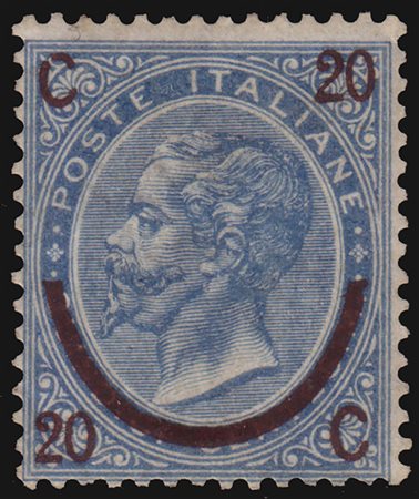 REGNO D'ITALIA 1865"Ferro di cavallo". 20/15c. azzurro, II tipo. Da...